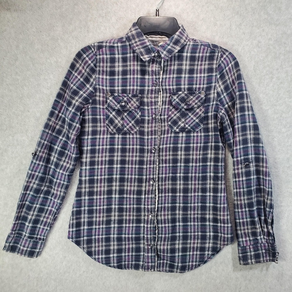 Ashley Plaid Button Down Women S Purple Blue Long Sleeve Flannel Cotton Shirt
